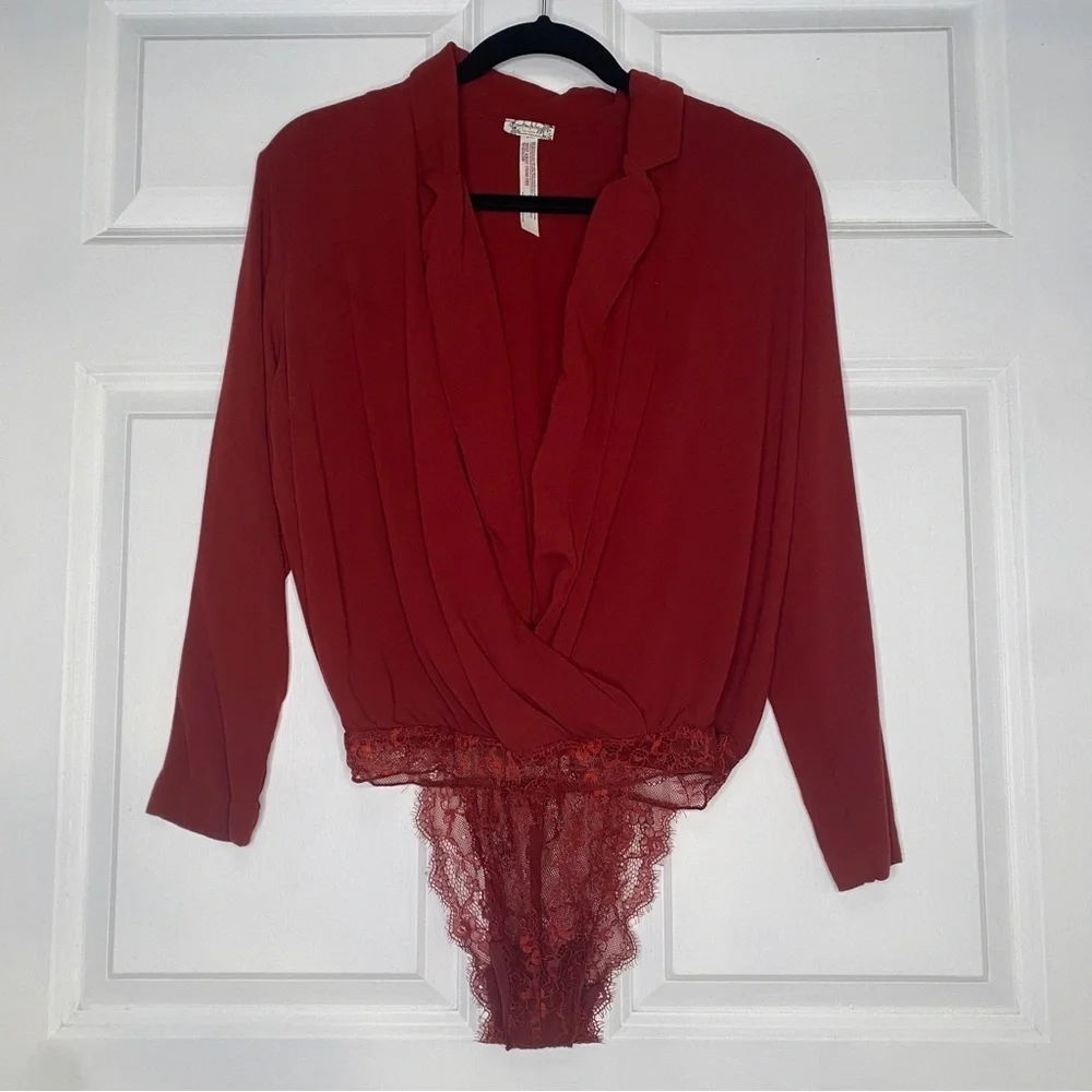 Intimately Free People ELSA Long Sleeve Deep V Bodysuit Red Burgundy Size XS